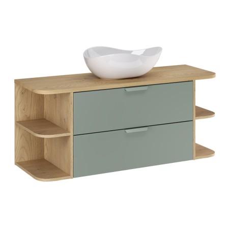 Set mobilier baie Aster Green, MDF, PAL melaminat, verde mat, blat stejar cremona, lavoar Cloud, L.120 cm, SET-ASG B CREMONA 120CM LRSM UN CLOUD