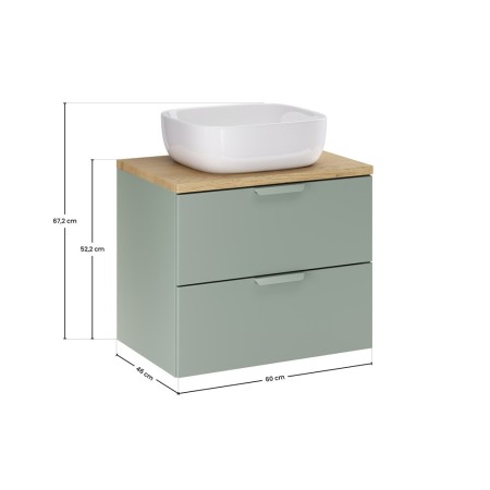 Set mobilier baie Aster Green, MDF, PAL melaminat, verde mat, blat stejar cremona, lavoar Smile 40, L.60 cm, SET-ASG B CREMONA 60CM UN SMILE