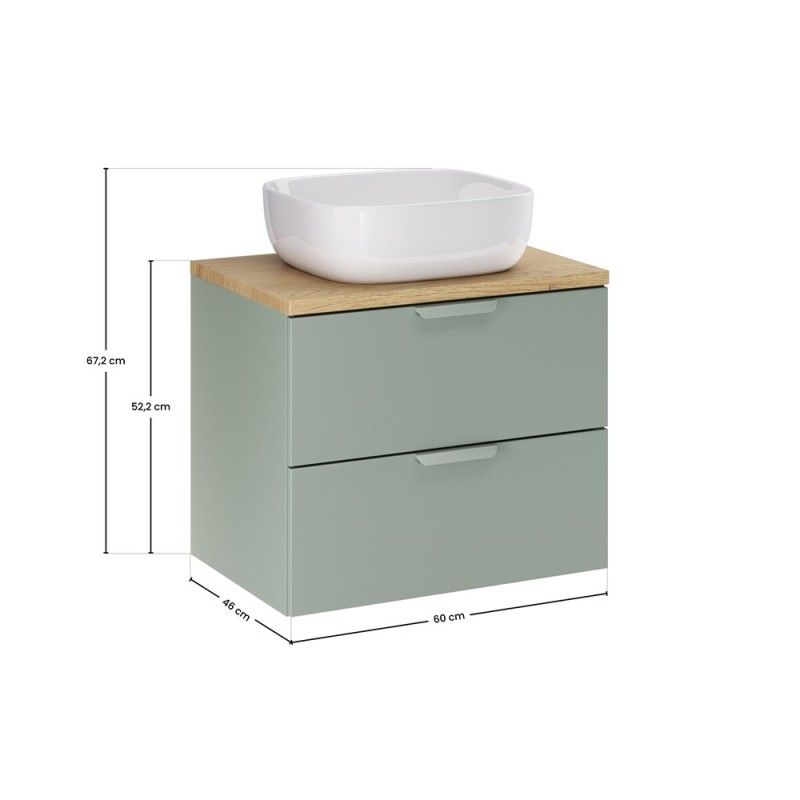 Set mobilier baie Aster Green, MDF, PAL melaminat, verde mat, blat stejar cremona, lavoar Smile 40, L.60 cm, SET-ASG B CREMONA 60CM UN SMILE