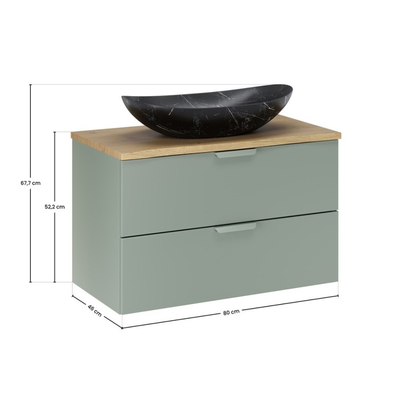 Set mobilier baie Aster Green, MDF, PAL melaminat, verde mat, blat stejar cremona, lavoar Lena, L.80 cm, SET-ASG B CREMONA 80CM UN LENA