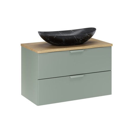 Set mobilier baie Aster Green, MDF, PAL melaminat, verde mat, blat stejar cremona, lavoar Lena, L.80 cm, SET-ASG B CREMONA 80CM UN LENA