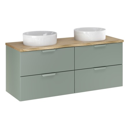 Set mobilier baie Aster Green, MDF, PAL melaminat, verde mat, blat stejar cremona, L.120 cm, lavoare Beyond ceramica, SET-ASG B NAT CREMONA 120CM UN BEYOND
