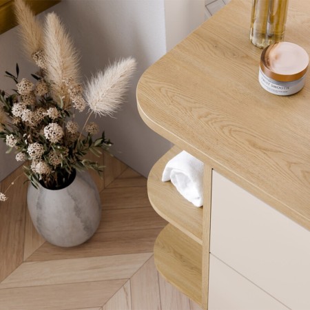 Set mobilier baie Aster White, MDF, PAL melaminat, alb mat, blat stejar cremona, lavoar Beyond, L.100 cm, SET-ASW B CREMONA 100CM LRSM UN BEYOND