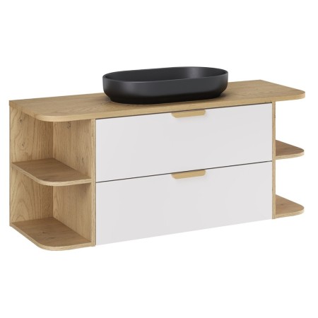 Set mobilier baie Aster White, MDF, PAL melaminat, alb mat, blat stejar cremona, lavoar River, L.120 cm, SET-ASW B CREMONA 120CM UN RIVER