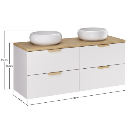 Set mobilier baie Aster White, MDF, PAL melaminat, alb mat, blat stejar cremona, lavoare Wiki, L.120 cm, SET-ASW B CREMONA 120CM UN WIKI