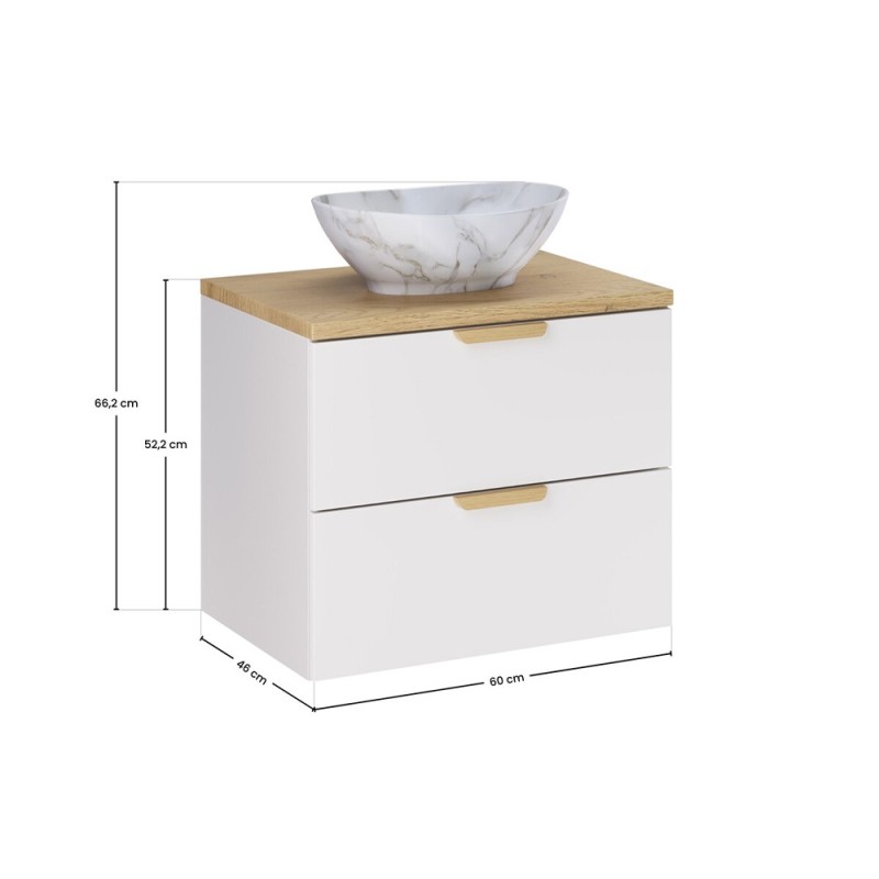Set mobilier baie Aster White, MDF, PAL melaminat, alb mat, blat stejar cremona, lavoar Pati, L.60 cm, SET-ASW B CREMONA 60CM UN PATI