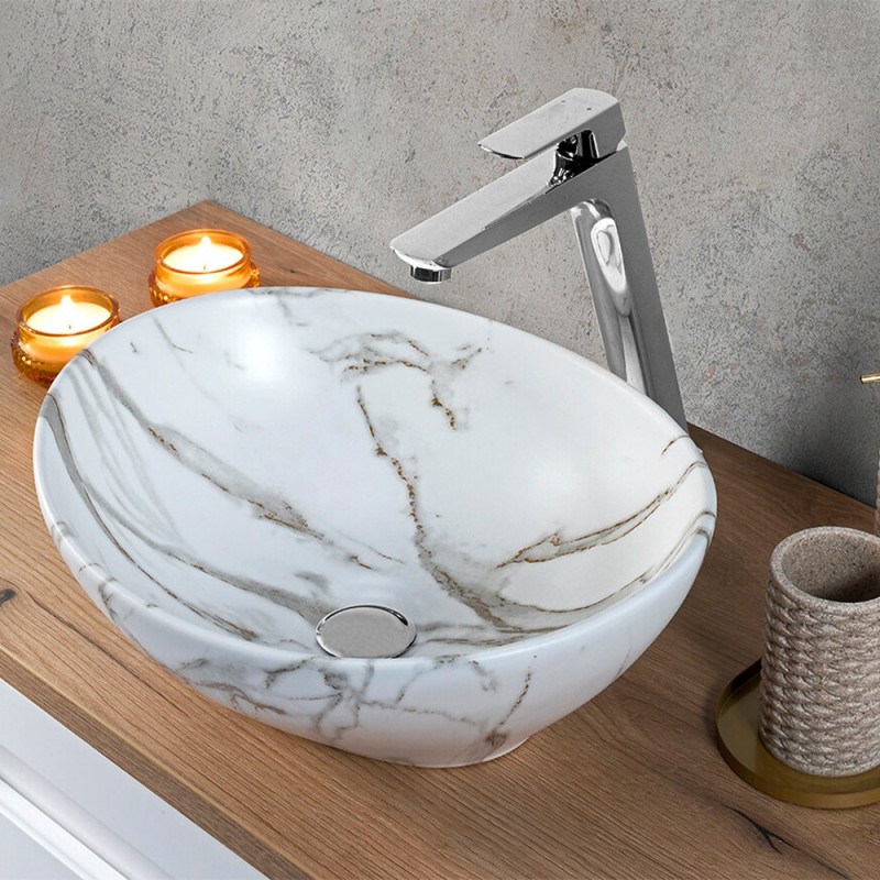 Set mobilier baie Aster White, MDF, PAL melaminat, alb mat, blat stejar cremona, lavoar Pati, L.60 cm, SET-ASW B CREMONA 60CM UN PATI