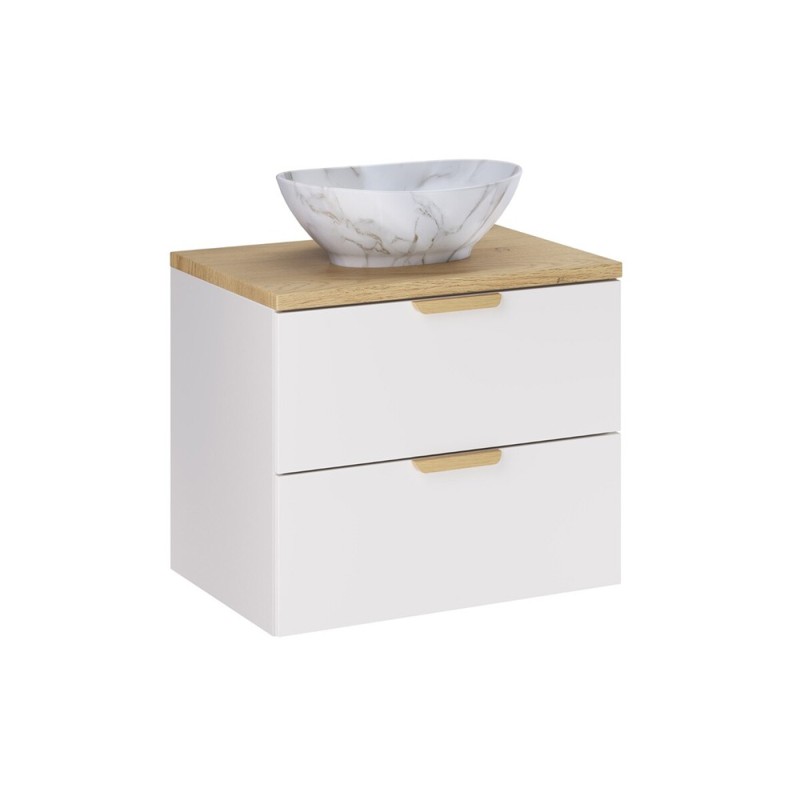 Set mobilier baie Aster White, MDF, PAL melaminat, alb mat, blat stejar cremona, lavoar Pati, L.60 cm, SET-ASW B CREMONA 60CM UN PATI
