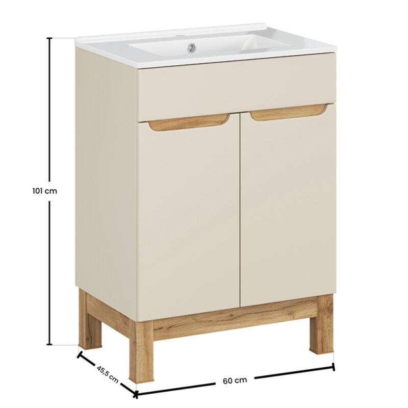 Set mobilier baie Bali Cashmere, MDF, PAL melaminat, cashmir mat/stejar wotan, lavoar Lava, L.60 cm, SET-BAC 60CM LAVA