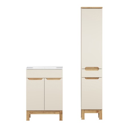 Set mobilier baie Bali Cashmere, MDF, PAL melaminat, cashmir mat/stejar wotan, L.60 cm, lavoar Lava, dulap inalt H.187 cm, SET-BAC 60CM LAVA HC