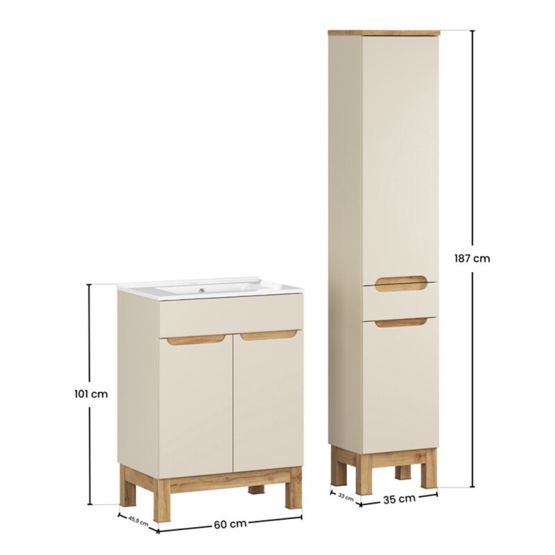 Set mobilier baie Bali Cashmere, MDF, PAL melaminat, cashmir mat/stejar wotan, L.60 cm, lavoar Lava, dulap inalt H.187 cm, SET-BAC 60CM LAVA HC