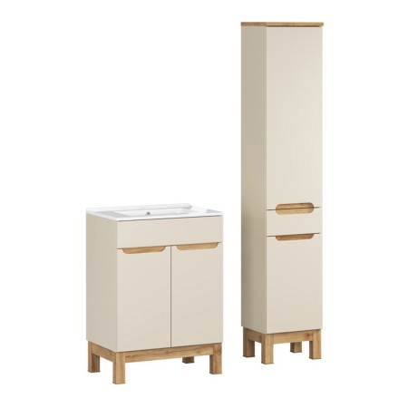 Set mobilier baie Bali Cashmere, MDF, PAL melaminat, cashmir mat/stejar wotan, L.60 cm, lavoar Lava, dulap inalt H.187 cm, SET-BAC 60CM LAVA HC