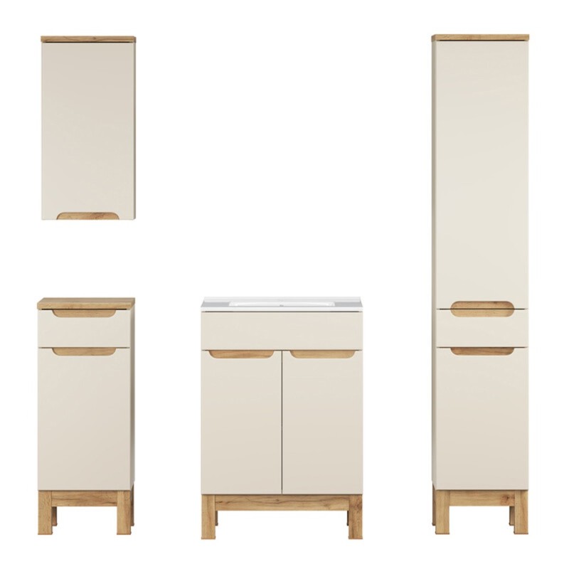 Set mobilier baie Bali Cashmere, MDF, PAL melaminat, cashmir mat/stejar wotan, lavoar Lava L.60 cm, dulap inalt H.187 cm, SET-BAC 60CM LAVA HC LC