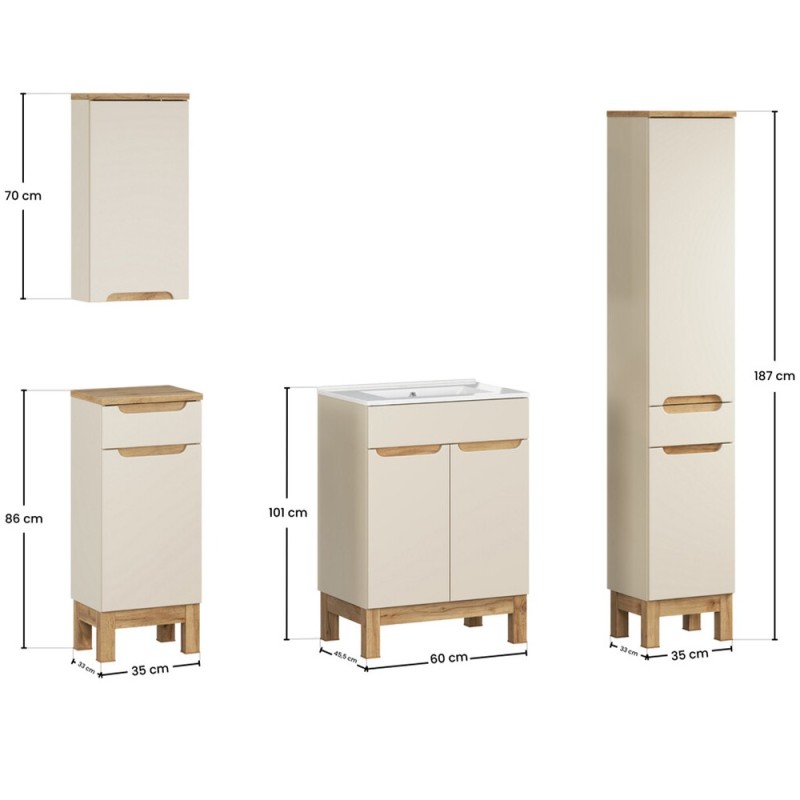 Set mobilier baie Bali Cashmere, MDF, PAL melaminat, cashmir mat/stejar wotan, lavoar Lava L.60 cm, dulap inalt H.187 cm, SET-BAC 60CM LAVA HC LC