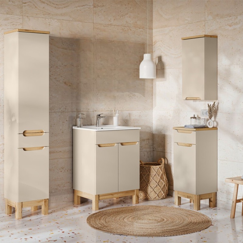 Set mobilier baie Bali Cashmere, MDF, PAL melaminat, cashmir mat/stejar wotan, lavoar Lava L.60 cm, dulap inalt H.187 cm, SET-BAC 60CM LAVA HC LC