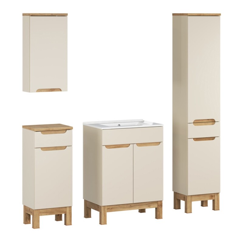 Set mobilier baie Bali Cashmere, MDF, PAL melaminat, cashmir mat/stejar wotan, lavoar Lava L.60 cm, dulap inalt H.187 cm, SET-BAC 60CM LAVA HC LC