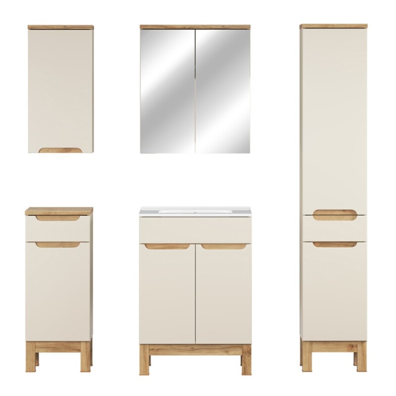 Set mobilier baie Bali Cashmere, MDF, PAL melaminat, cashmir mat/stejar wotan, L.60 cm, lavoar Lava, dulap inalt H.187 cm, SET-BAC 60CM LAVA HC MC