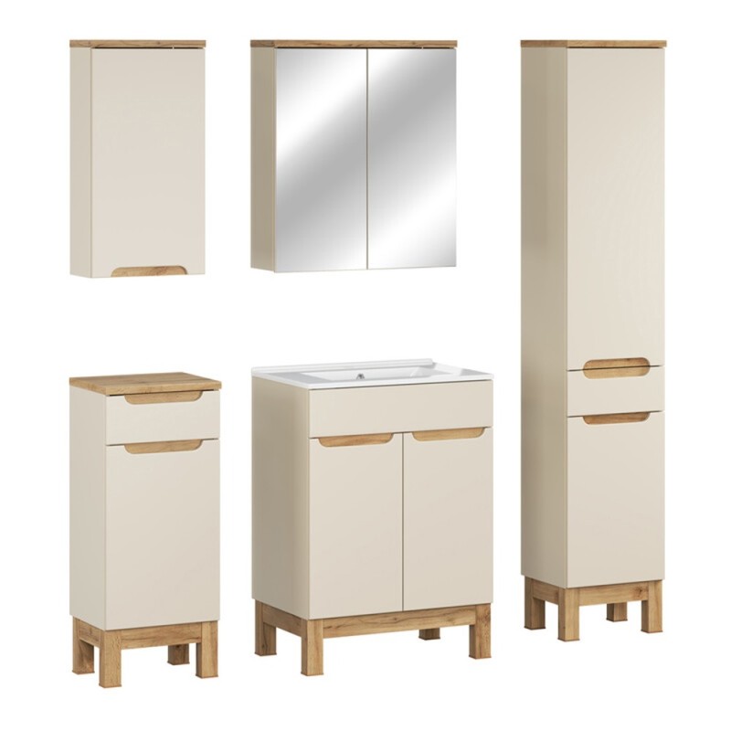 Set mobilier baie Bali Cashmere, MDF, PAL melaminat, cashmir mat/stejar wotan, L.60 cm, lavoar Lava, dulap inalt H.187 cm, SET-BAC 60CM LAVA HC MC