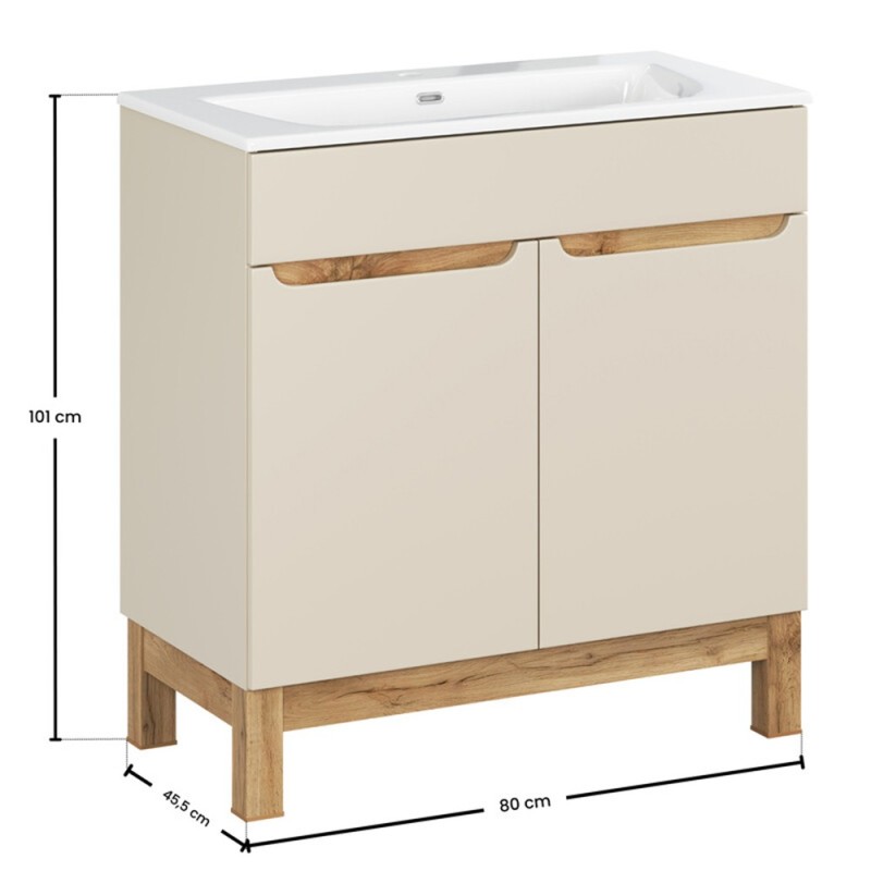 Set mobilier baie Bali Cashmere, MDF, PAL melaminat, cashmir mat/stejar wotan, lavoar Sky, L.80 cm, SET-BAC 80CM SKY
