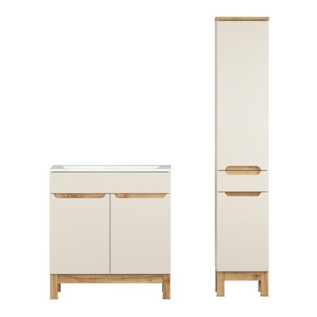 Set mobilier baie Bali Cashmere, MDF, PAL melaminat, cashmir mat/stejar wotan, lavoar Sky, L.80 cm, dulap inalt h.187 cm, SET-BAC 80CM SKY HC