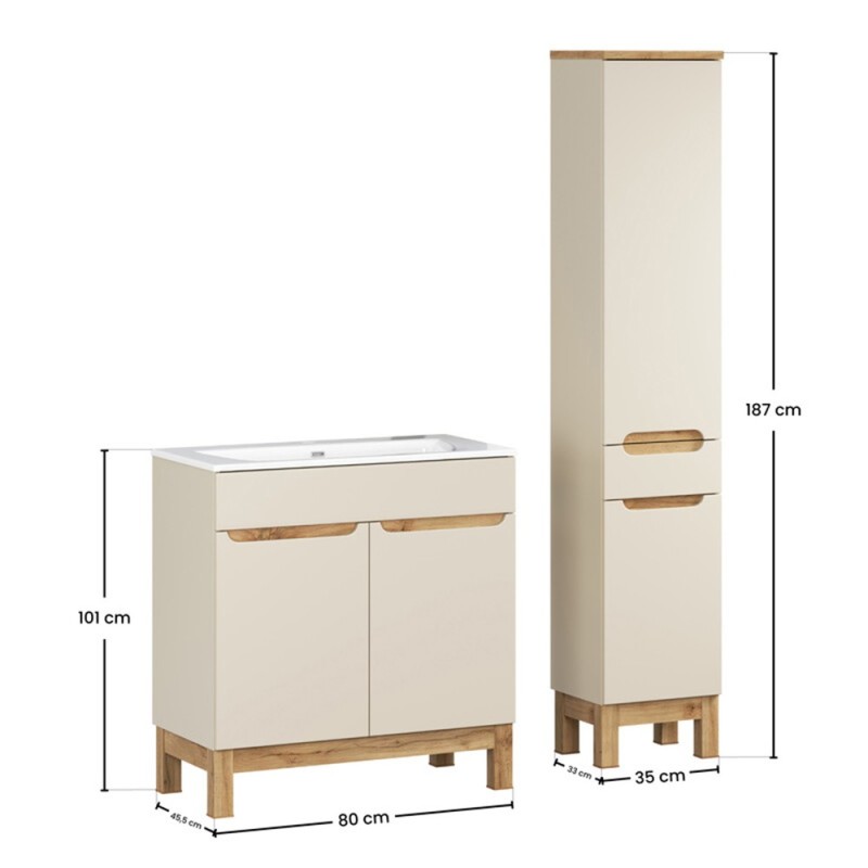 Set mobilier baie Bali Cashmere, MDF, PAL melaminat, cashmir mat/stejar wotan, lavoar Sky, L.80 cm, dulap inalt h.187 cm, SET-BAC 80CM SKY HC