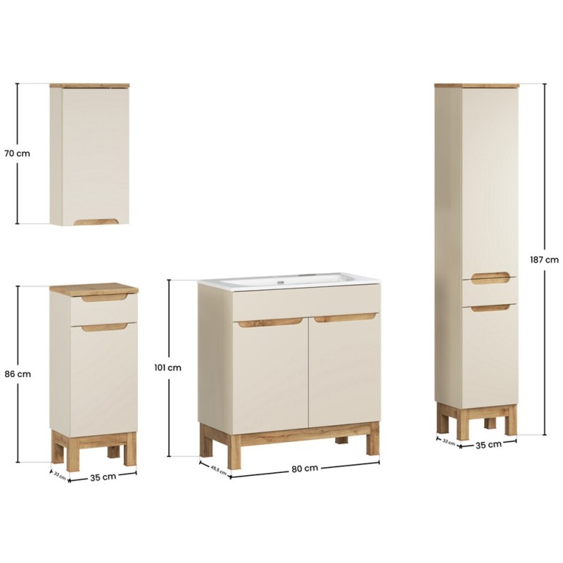 Set mobilier baie Bali Cashmere, MDF, PAL melaminat, cashmir mat/stejar wotan, lavoar Sky L.80 cm, dulap inalt H.187 cm, SET-BAC 80CM SKY HC LC