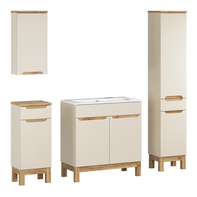 Set mobilier baie Bali Cashmere, MDF, PAL melaminat, cashmir mat/stejar wotan, lavoar Sky L.80 cm, dulap inalt H.187 cm, SET-BAC 80CM SKY HC LC