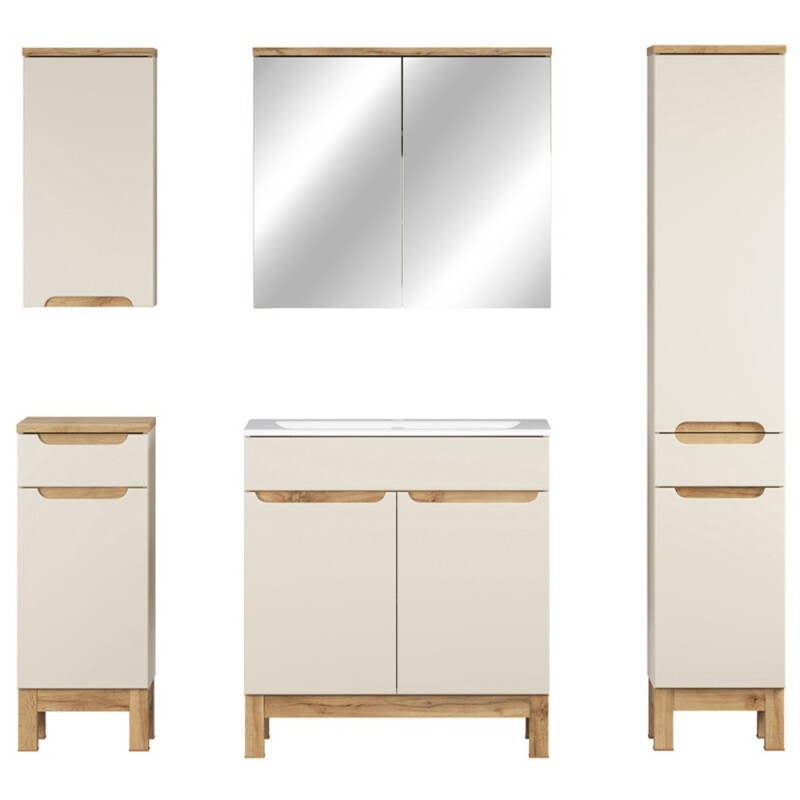Set mobilier baie Bali Cashmere, MDF, PAL melaminat, cashmir mat/stejar wotan, L.80 cm, lavoar Sky, dulap inalt H.187 cm, SET-BAC 80CM SKY HC MC