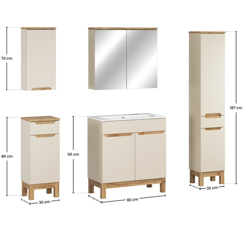 Set mobilier baie Bali Cashmere, MDF, PAL melaminat, cashmir mat/stejar wotan, L.80 cm, lavoar Sky, dulap inalt H.187 cm, SET-BAC 80CM SKY HC MC
