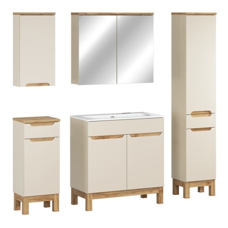 Set mobilier baie Bali Cashmere, MDF, PAL melaminat, cashmir mat/stejar wotan, L.80 cm, lavoar Sky, dulap inalt H.187 cm, SET-BAC 80CM SKY HC MC