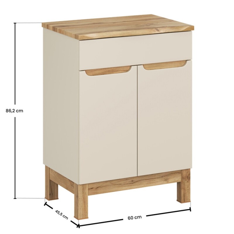 Set mobilier baie Bali Cashmere, MDF, PAL melaminat, cashmir mat/stejar wotan, blat natural wotan, L.60 cm, SET-BAC B NAT WOTAN 60CM
