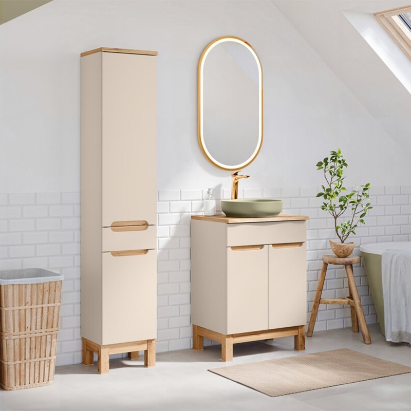 Set mobilier baie Bali Cashmere, MDF, PAL melaminat, cashmir mat/stejar wotan, blat natural wotan, L.60 cm, dulap inalt H.187 cm, SET-BAC B NAT WOTAN 60CM HC