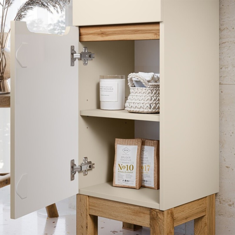 Set mobilier baie Bali Cashmere, MDF, PAL melaminat, cashmir mat/stejar wotan, blat natural wotan, L.60 cm, dulap inalt H.187 cm, SET-BAC B NAT WOTAN 60CM HC