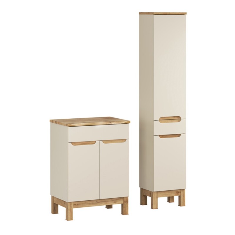 Set mobilier baie Bali Cashmere, MDF, PAL melaminat, cashmir mat/stejar wotan, blat natural wotan, L.60 cm, dulap inalt H.187 cm, SET-BAC B NAT WOTAN 60CM HC