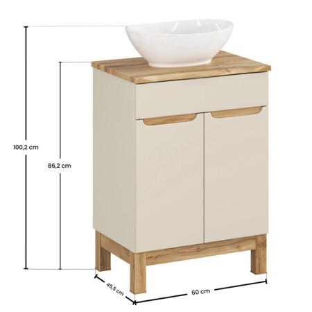 Set mobilier baie Bali Cashmere, MDF, PAL melaminat, cashmir mat/stejar wotan, blat natural wotan, L.60 cm, lavoar Lola, SET-BAC B NAT WOTAN 60CM UN LOLA