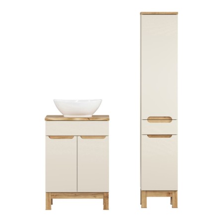Set mobilier baie Bali Cashmere, MDF, PAL melaminat, cashmir mat/stejar wotan, blat natural wotan, L.60 cm, lavoar Lola, dulap inalt H.187 cm, SET-BAC B NAT WOTAN 60CM UN LOLA HC