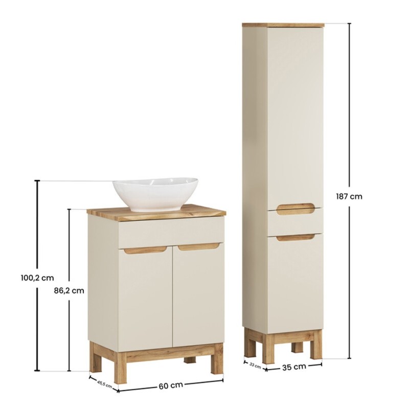 Set mobilier baie Bali Cashmere, MDF, PAL melaminat, cashmir mat/stejar wotan, blat natural wotan, L.60 cm, lavoar Lola, dulap inalt H.187 cm, SET-BAC B NAT WOTAN 60CM UN LOLA HC