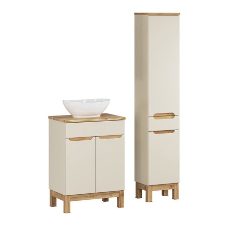 Set mobilier baie Bali Cashmere, MDF, PAL melaminat, cashmir mat/stejar wotan, blat natural wotan, L.60 cm, lavoar Lola, dulap inalt H.187 cm, SET-BAC B NAT WOTAN 60CM UN LOLA HC