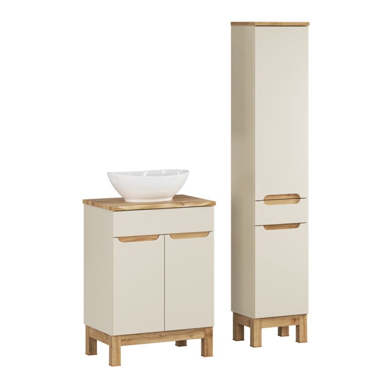 Set mobilier baie Bali Cashmere, MDF, PAL melaminat, cashmir mat/stejar wotan, blat natural wotan, L.60 cm, lavoar Lola, dulap inalt H.187 cm, SET-BAC B NAT WOTAN 60CM UN LOLA HC