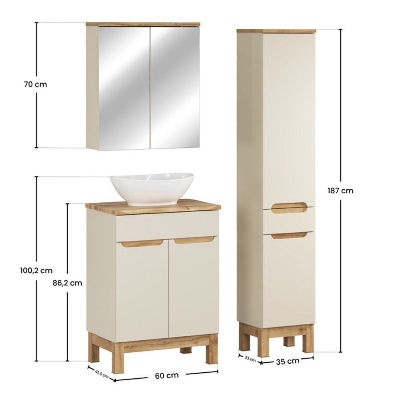 Set mobilier baie Bali Cashmere, MDF, PAL melaminat, cashmir mat/stejar wotan, blat natural wotan, L.60 cm, lavoar Lola, dulap inalt H.187 cm, SET-BAC B NAT WOTAN 60CM UN LOLA HC MC
