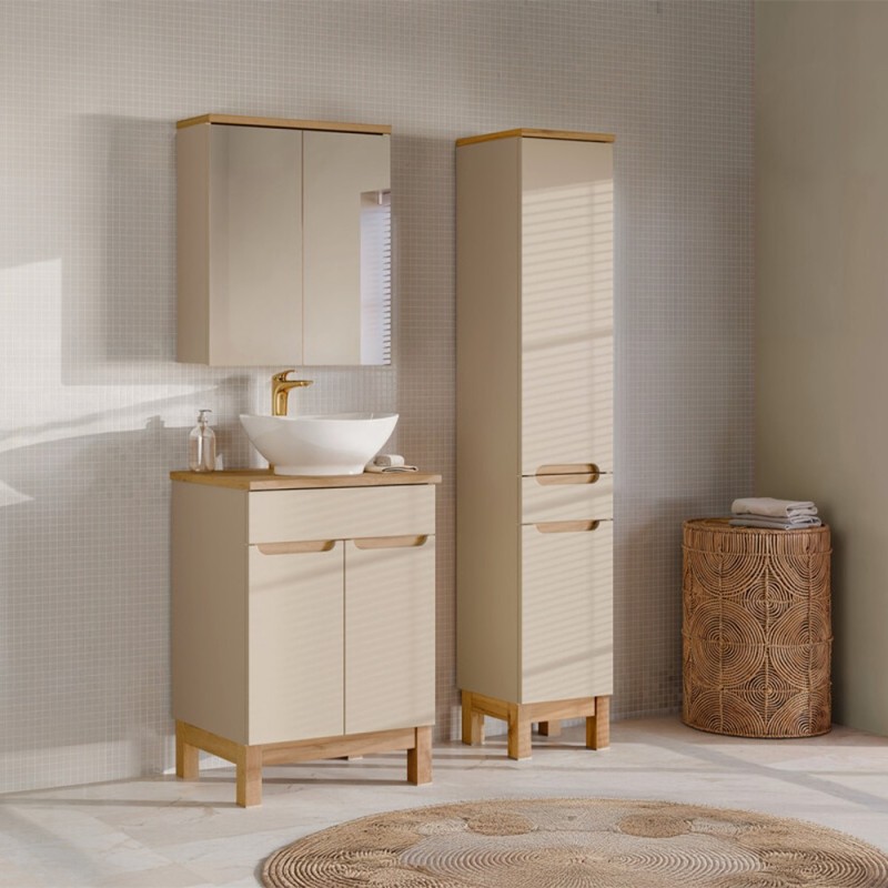 Set mobilier baie Bali Cashmere, MDF, PAL melaminat, cashmir mat/stejar wotan, blat natural wotan, L.60 cm, lavoar Lola, dulap inalt H.187 cm, SET-BAC B NAT WOTAN 60CM UN LOLA HC MC