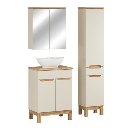 Set mobilier baie Bali Cashmere, MDF, PAL melaminat, cashmir mat/stejar wotan, blat natural wotan, L.60 cm, lavoar Lola, dulap inalt H.187 cm, SET-BAC B NAT WOTAN 60CM UN LOLA HC MC
