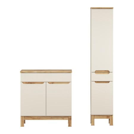 Set mobilier baie Bali Cashmere, MDF, PAL melaminat, cashmir mat/stejar wotan, blat natural wotan, L.80 cm, dulap inalt H.187 cm, SET-BAC B NAT WOTAN 80CM HC