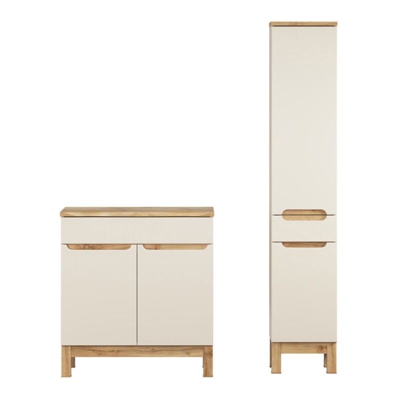 Set mobilier baie Bali Cashmere, MDF, PAL melaminat, cashmir mat/stejar wotan, blat natural wotan, L.80 cm, dulap inalt H.187 cm, SET-BAC B NAT WOTAN 80CM HC