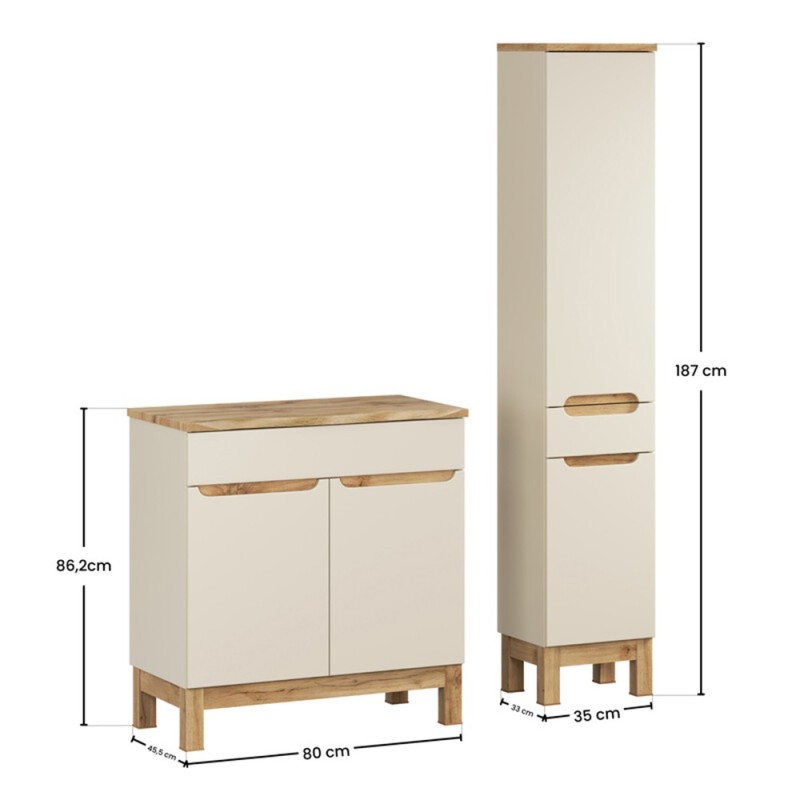 Set mobilier baie Bali Cashmere, MDF, PAL melaminat, cashmir mat/stejar wotan, blat natural wotan, L.80 cm, dulap inalt H.187 cm, SET-BAC B NAT WOTAN 80CM HC
