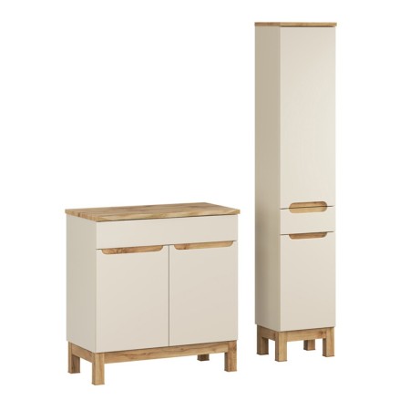 Set mobilier baie Bali Cashmere, MDF, PAL melaminat, cashmir mat/stejar wotan, blat natural wotan, L.80 cm, dulap inalt H.187 cm, SET-BAC B NAT WOTAN 80CM HC