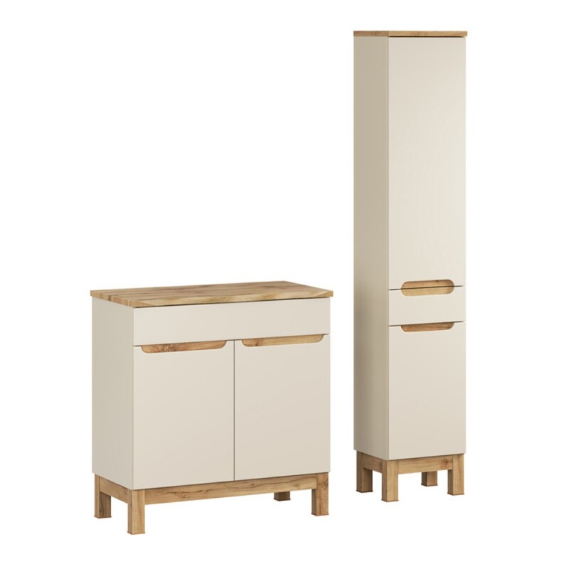 Set mobilier baie Bali Cashmere, MDF, PAL melaminat, cashmir mat/stejar wotan, blat natural wotan, L.80 cm, dulap inalt H.187 cm, SET-BAC B NAT WOTAN 80CM HC