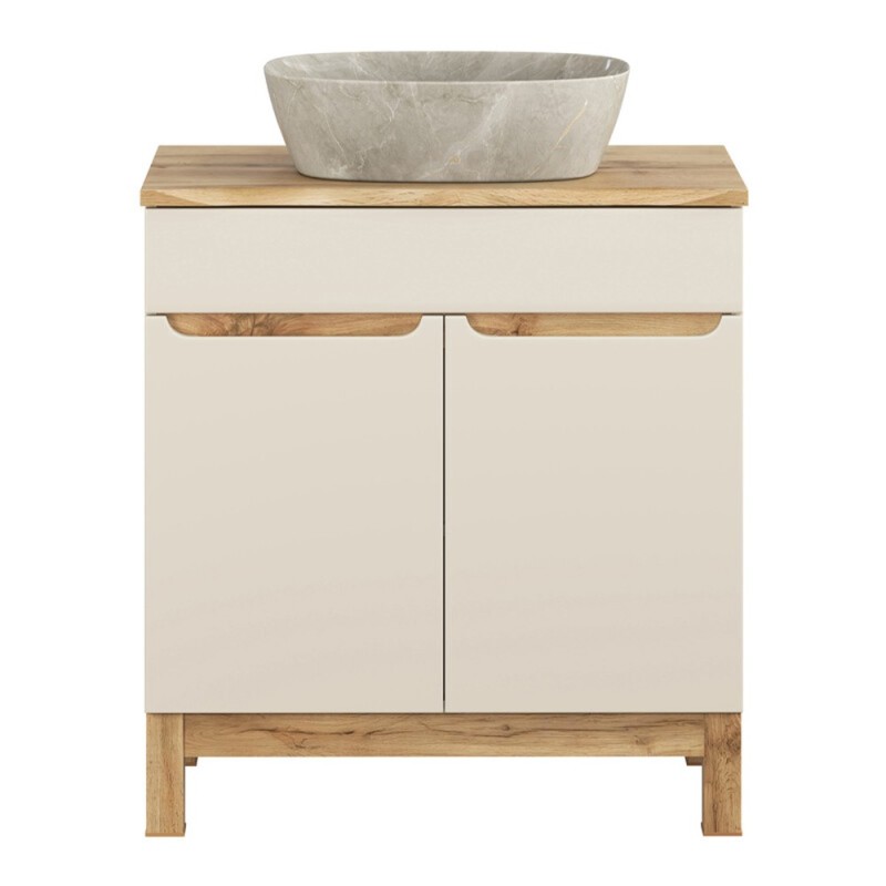 Set mobilier baie Bali Cashmere, MDF, PAL melaminat, cashmir mat/stejar wotan, blat natural wotan, L.80 cm, lavoar Anna, SET-BAC B NAT WOTAN 80CM UN ANNA