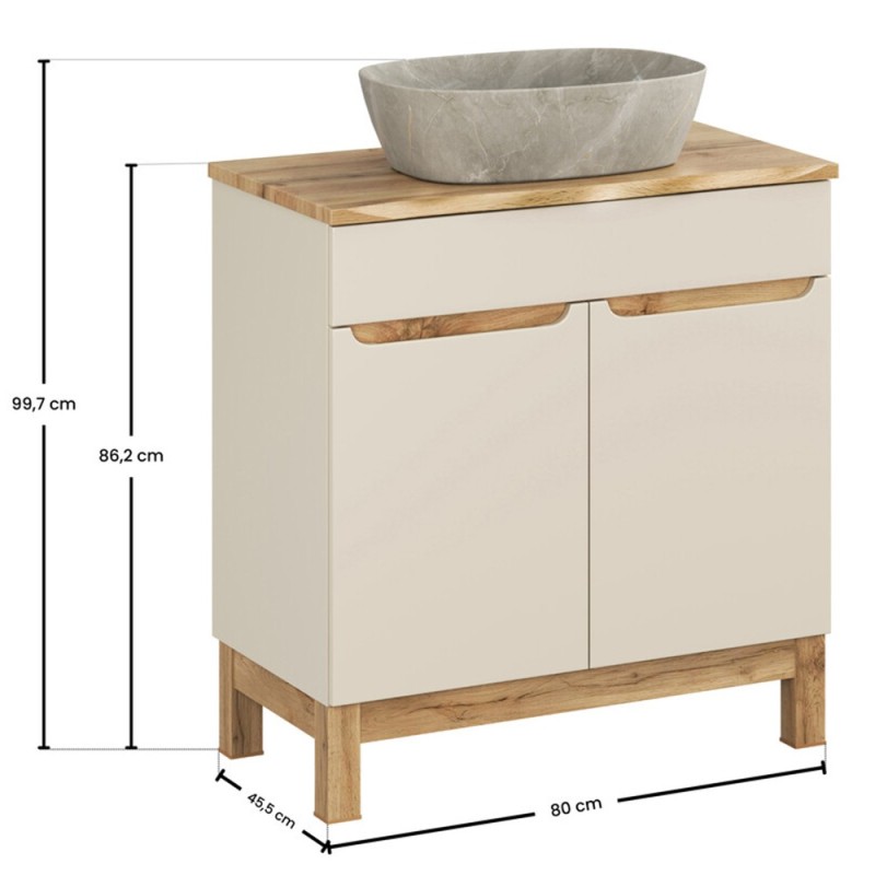 Set mobilier baie Bali Cashmere, MDF, PAL melaminat, cashmir mat/stejar wotan, blat natural wotan, L.80 cm, lavoar Anna, SET-BAC B NAT WOTAN 80CM UN ANNA