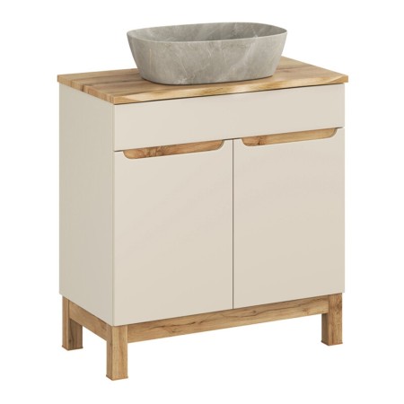 Set mobilier baie Bali Cashmere, MDF, PAL melaminat, cashmir mat/stejar wotan, blat natural wotan, L.80 cm, lavoar Anna, SET-BAC B NAT WOTAN 80CM UN ANNA